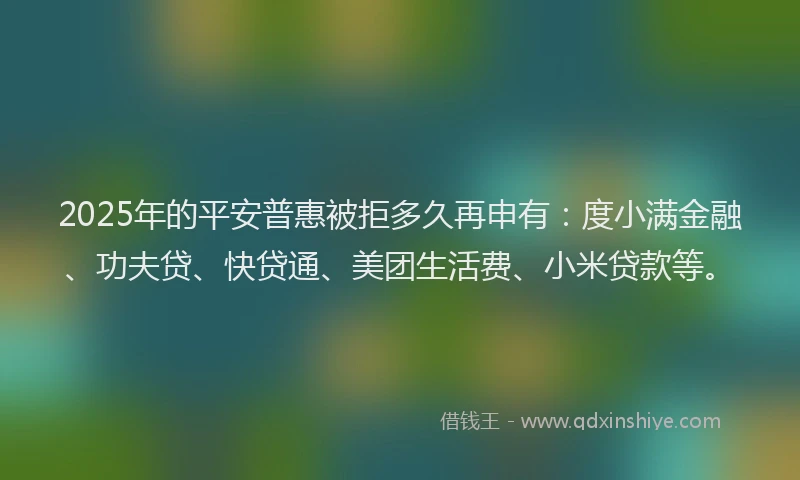 2025年的平安普惠被拒多久再申有：度小满金融、功夫贷、快贷通、美团生活费、小米贷款等。