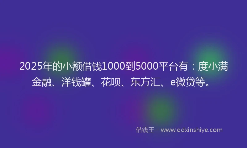 2025年的小额借钱1000到5000平台有：度小满金融、洋钱罐、花呗、东方汇、e微贷等。