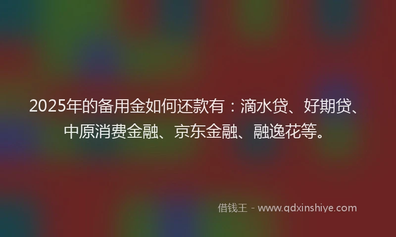 2025年的备用金如何还款有：滴水贷、好期贷、中原消费金融、京东金融、融逸花等。