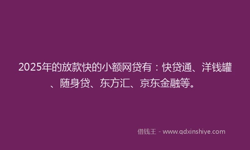 2025年的放款快的小额网贷有：快贷通、洋钱罐、随身贷、东方汇、京东金融等。
