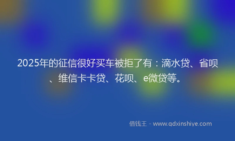 2025年的征信很好买车被拒了有：滴水贷、省呗、维信卡卡贷、花呗、e微贷等。