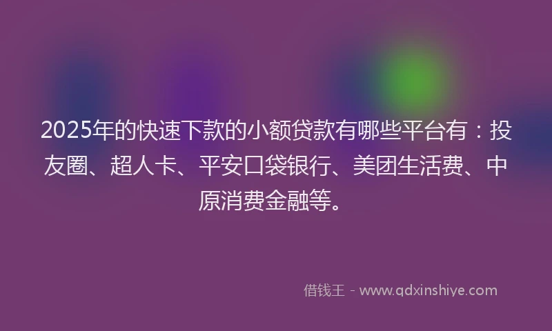 2025年的快速下款的小额贷款有哪些平台有：投友圈、超人卡、平安口袋银行、美团生活费、中原消费金融等。
