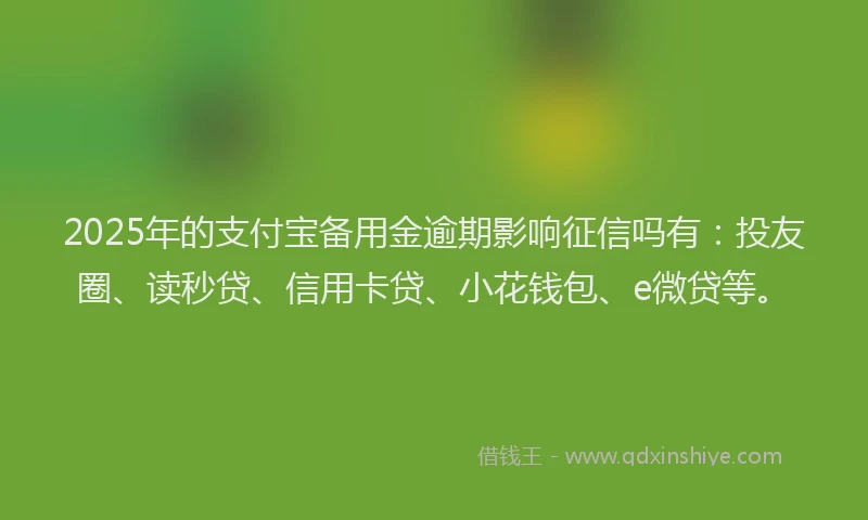 2025年的支付宝备用金逾期影响征信吗有：投友圈、读秒贷、信用卡贷、小花钱包、e微贷等。