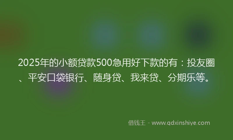 2025年的小额贷款500急用好下款的有：投友圈、平安口袋银行、随身贷、我来贷、分期乐等。