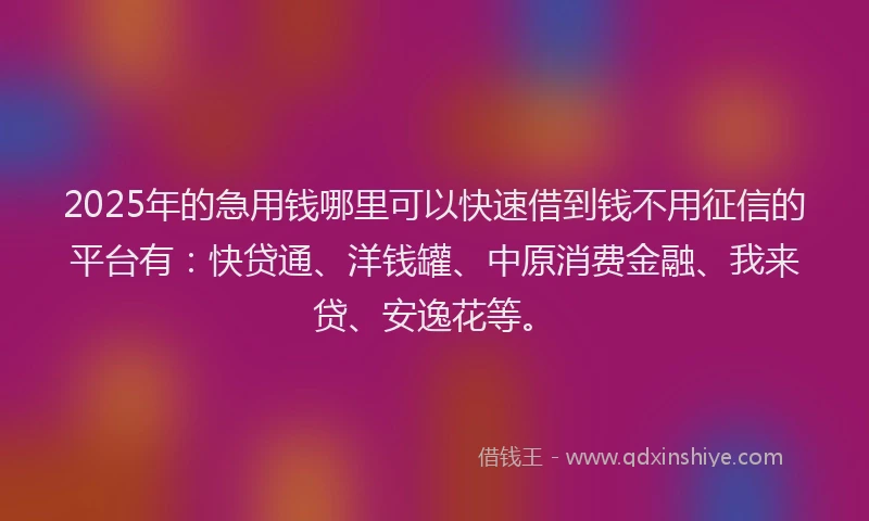 2025年的急用钱哪里可以快速借到钱不用征信的平台有：快贷通、洋钱罐、中原消费金融、我来贷、安逸花等。