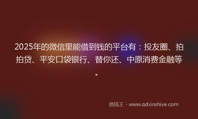 2025年的微信里能借到钱的平台有：投友圈、拍拍贷、平安口袋银行、替你还、中原消费金融等。