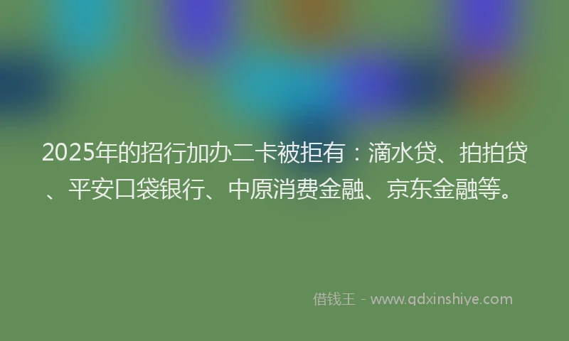2025年的招行加办二卡被拒有：滴水贷、拍拍贷、平安口袋银行、中原消费金融、京东金融等。
