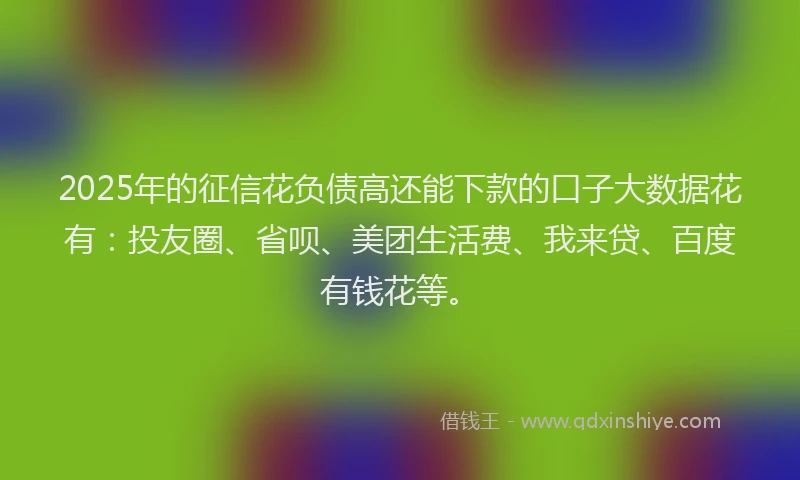 2025年的征信花负债高还能下款的口子大数据花有：投友圈、省呗、美团生活费、我来贷、百度有钱花等。