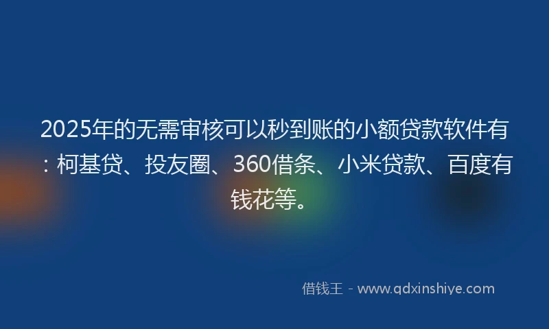 2025年的无需审核可以秒到账的小额贷款软件有：柯基贷、投友圈、360借条、小米贷款、百度有钱花等。