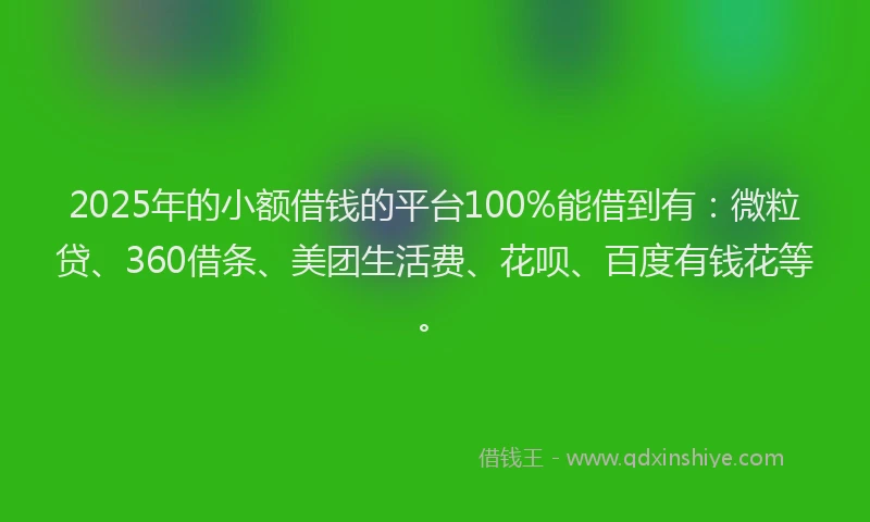 2025年的小额借钱的平台100%能借到有：微粒贷、360借条、美团生活费、花呗、百度有钱花等。