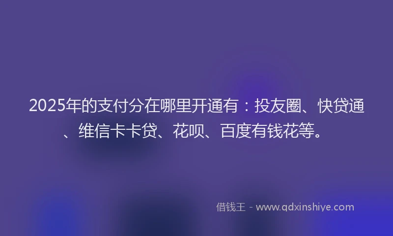 2025年的支付分在哪里开通有：投友圈、快贷通、维信卡卡贷、花呗、百度有钱花等。
