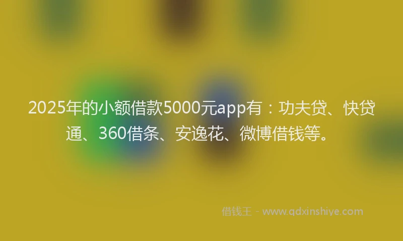 2025年的小额借款5000元app有：功夫贷、快贷通、360借条、安逸花、微博借钱等。