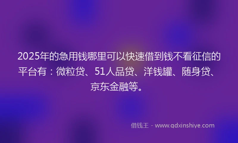 2025年的急用钱哪里可以快速借到钱不看征信的平台有：微粒贷、51人品贷、洋钱罐、随身贷、京东金融等。