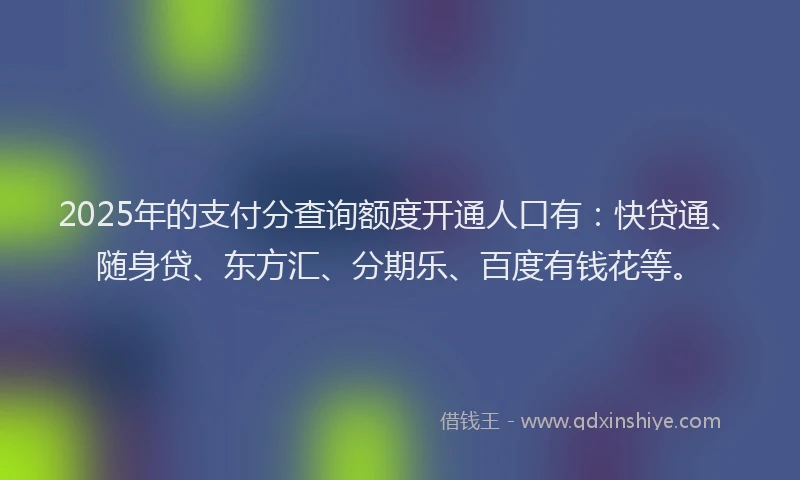 2025年的支付分查询额度开通人口有：快贷通、随身贷、东方汇、分期乐、百度有钱花等。