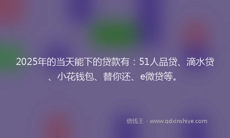 2025年的当天能下的贷款有：51人品贷、滴水贷、小花钱包、替你还、e微贷等。