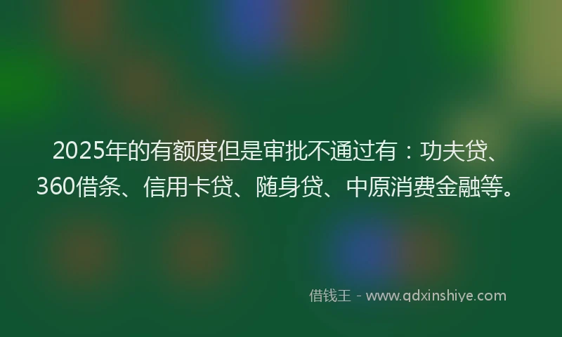2025年的有额度但是审批不通过有：功夫贷、360借条、信用卡贷、随身贷、中原消费金融等。