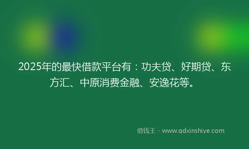 2025年的最快借款平台有：功夫贷、好期贷、东方汇、中原消费金融、安逸花等。