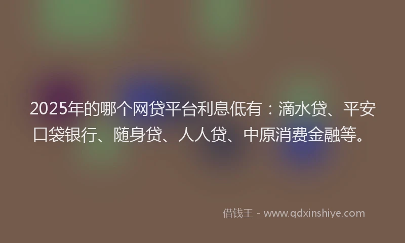 2025年的哪个网贷平台利息低有：滴水贷、平安口袋银行、随身贷、人人贷、中原消费金融等。