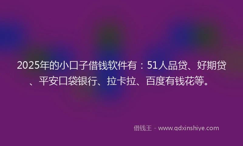 2025年的小口子借钱软件有：51人品贷、好期贷、平安口袋银行、拉卡拉、百度有钱花等。