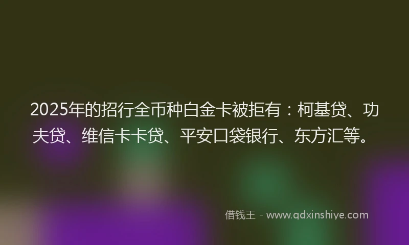 2025年的招行全币种白金卡被拒有：柯基贷、功夫贷、维信卡卡贷、平安口袋银行、东方汇等。