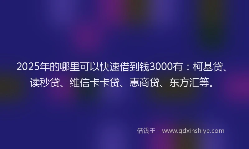 2025年的哪里可以快速借到钱3000有：柯基贷、读秒贷、维信卡卡贷、惠商贷、东方汇等。