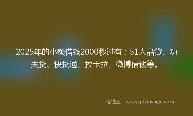 2025年的小额借钱2000秒过有：51人品贷、功夫贷、快贷通、拉卡拉、微博借钱等。