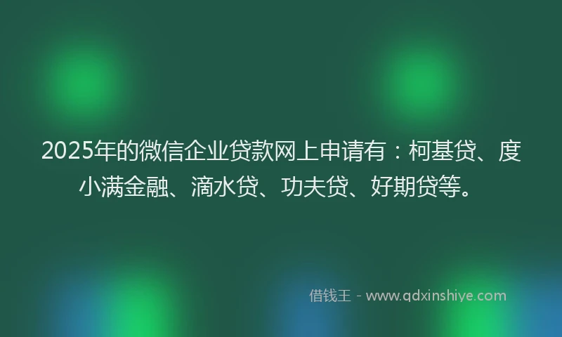 2025年的微信企业贷款网上申请有：柯基贷、度小满金融、滴水贷、功夫贷、好期贷等。