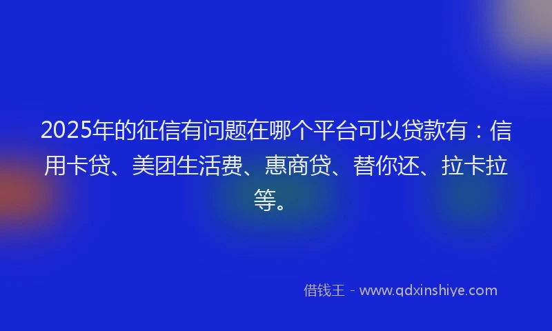 2025年的征信有问题在哪个平台可以贷款有：信用卡贷、美团生活费、惠商贷、替你还、拉卡拉等。
