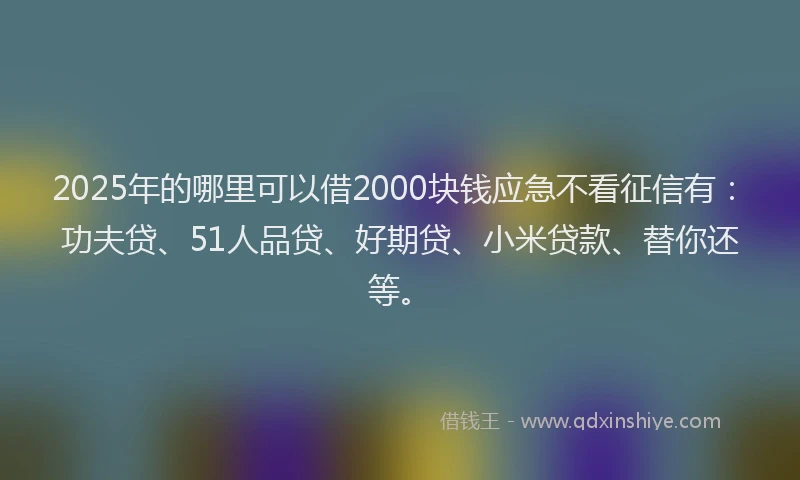 2025年的哪里可以借2000块钱应急不看征信有：功夫贷、51人品贷、好期贷、小米贷款、替你还等。