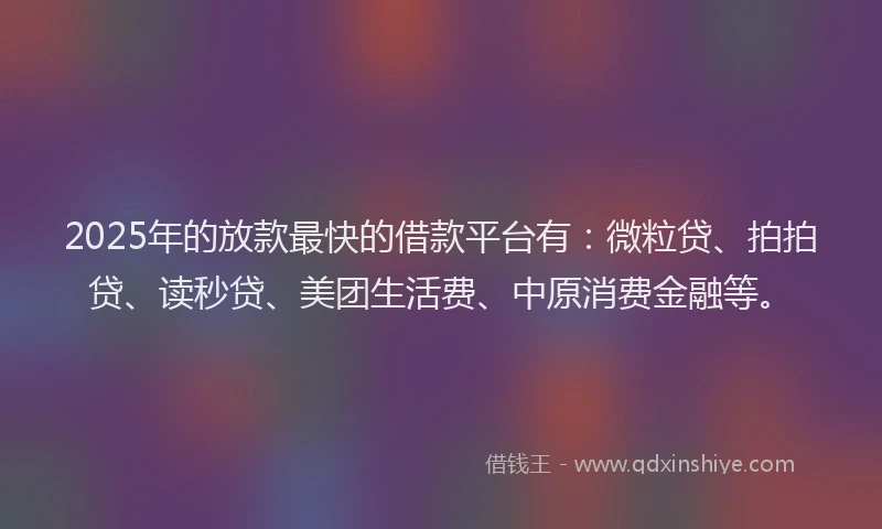 2025年的放款最快的借款平台有：微粒贷、拍拍贷、读秒贷、美团生活费、中原消费金融等。