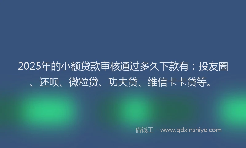 2025年的小额贷款审核通过多久下款有：投友圈、还呗、微粒贷、功夫贷、维信卡卡贷等。