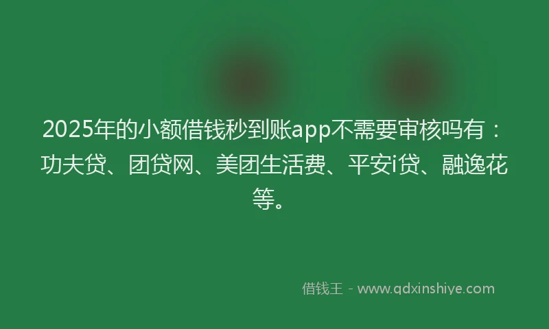 2025年的小额借钱秒到账app不需要审核吗有：功夫贷、团贷网、美团生活费、平安i贷、融逸花等。