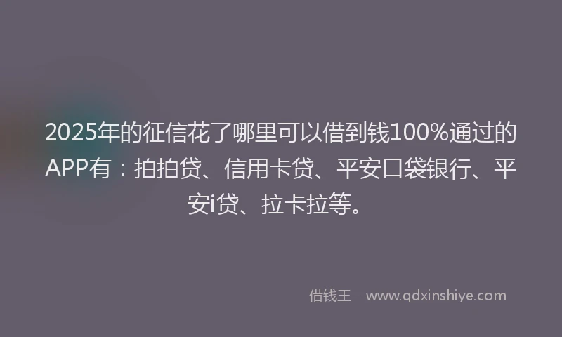 2025年的征信花了哪里可以借到钱100%通过的APP有：拍拍贷、信用卡贷、平安口袋银行、平安i贷、拉卡拉等。