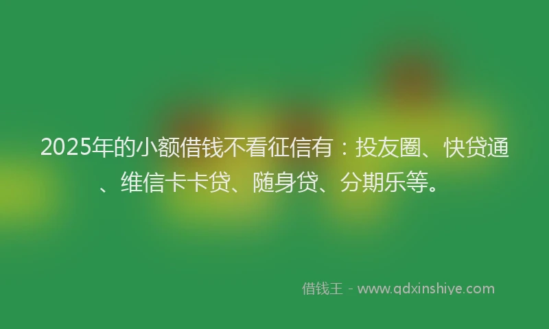 2025年的小额借钱不看征信有：投友圈、快贷通、维信卡卡贷、随身贷、分期乐等。