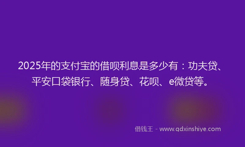 2025年的支付宝的借呗利息是多少有：功夫贷、平安口袋银行、随身贷、花呗、e微贷等。