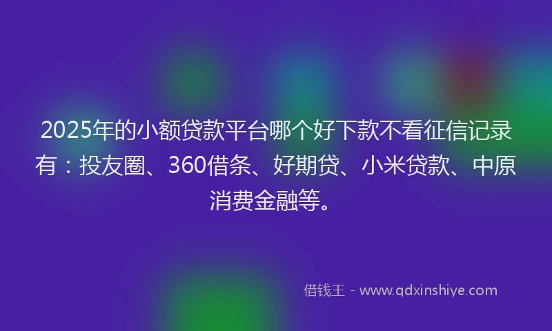 2025年的小额贷款平台哪个好下款不看征信记录有：投友圈、360借条、好期贷、小米贷款、中原消费金融等。