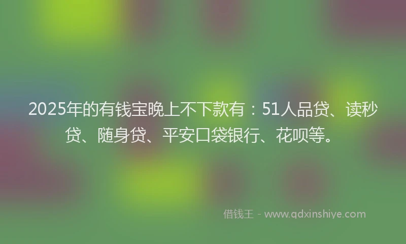 2025年的有钱宝晚上不下款有：51人品贷、读秒贷、随身贷、平安口袋银行、花呗等。
