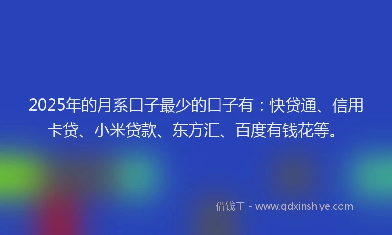 2025年的月系口子最少的口子有：快贷通、信用卡贷、小米贷款、东方汇、百度有钱花等。