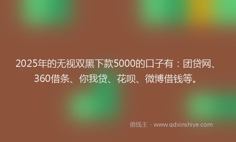 2025年的无视双黑下款5000的口子有：团贷网、360借条、你我贷、花呗、微博借钱等。