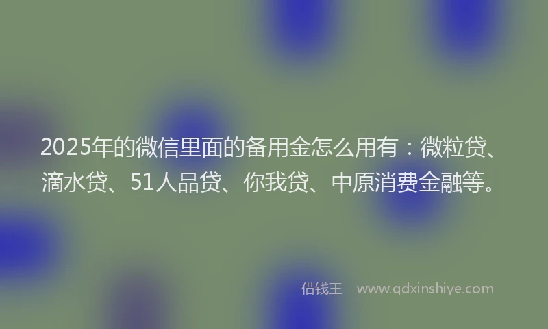 2025年的微信里面的备用金怎么用有：微粒贷、滴水贷、51人品贷、你我贷、中原消费金融等。