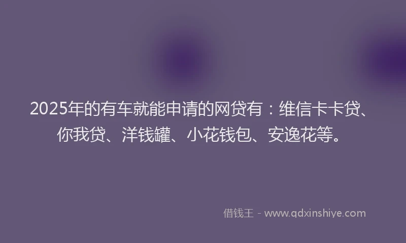 2025年的有车就能申请的网贷有：维信卡卡贷、你我贷、洋钱罐、小花钱包、安逸花等。