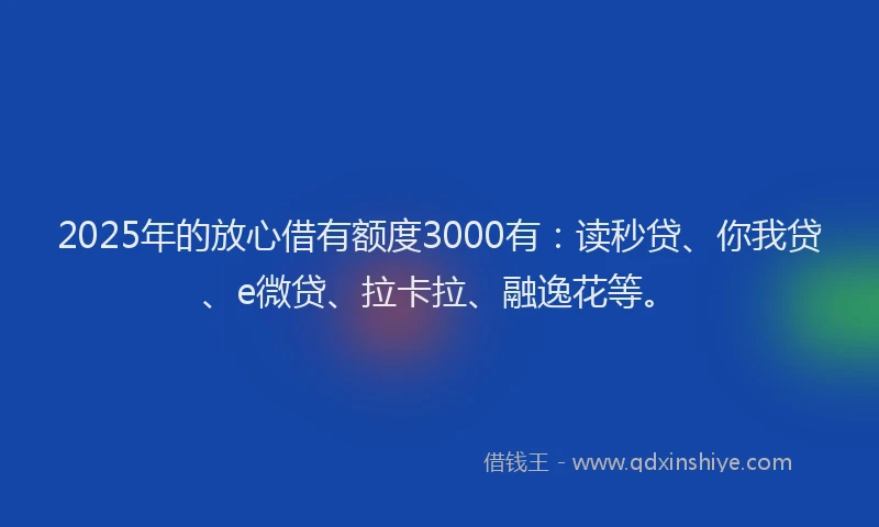 2025年的放心借有额度3000有：读秒贷、你我贷、e微贷、拉卡拉、融逸花等。