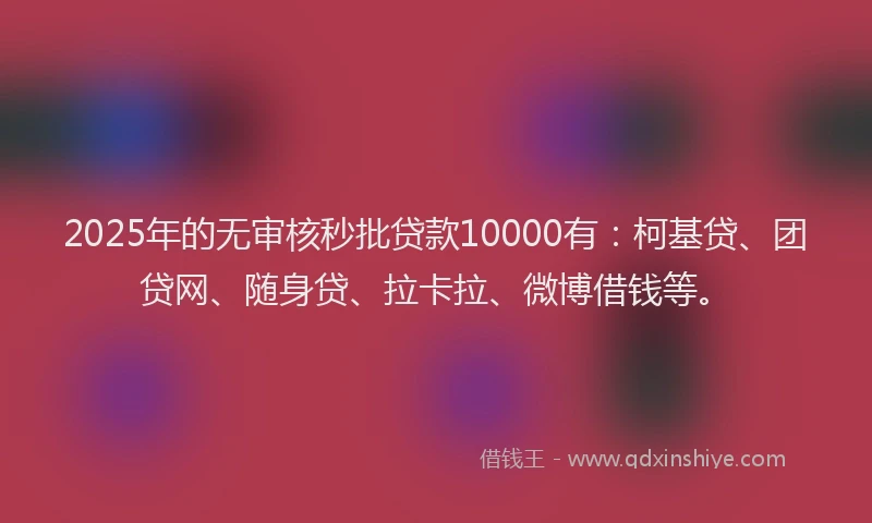 2025年的无审核秒批贷款10000有：柯基贷、团贷网、随身贷、拉卡拉、微博借钱等。