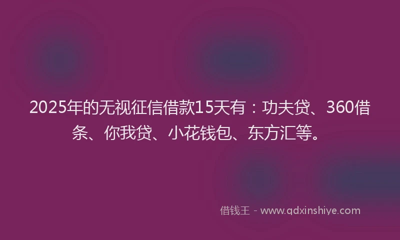 2025年的无视征信借款15天有：功夫贷、360借条、你我贷、小花钱包、东方汇等。