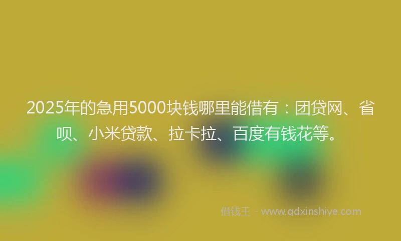 2025年的急用5000块钱哪里能借有：团贷网、省呗、小米贷款、拉卡拉、百度有钱花等。