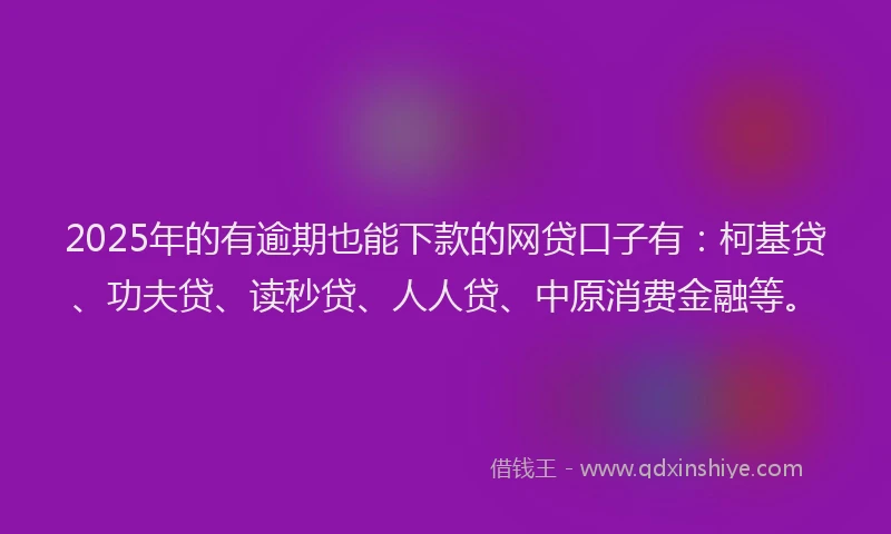 2025年的有逾期也能下款的网贷口子有：柯基贷、功夫贷、读秒贷、人人贷、中原消费金融等。