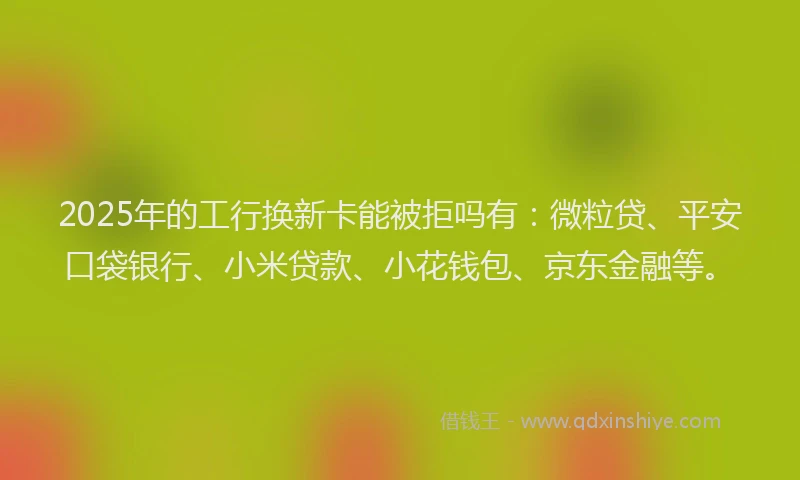 2025年的工行换新卡能被拒吗有：微粒贷、平安口袋银行、小米贷款、小花钱包、京东金融等。