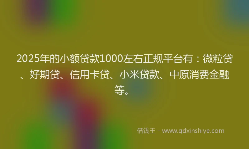 2025年的小额贷款1000左右正规平台有：微粒贷、好期贷、信用卡贷、小米贷款、中原消费金融等。