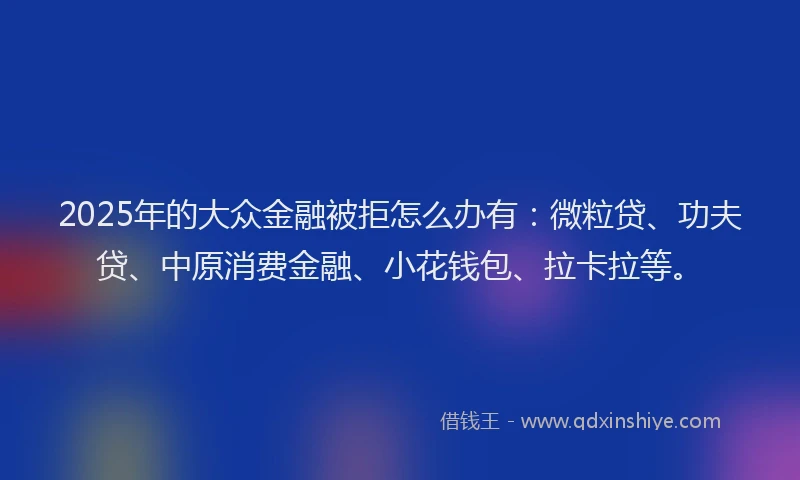 2025年的大众金融被拒怎么办有：微粒贷、功夫贷、中原消费金融、小花钱包、拉卡拉等。
