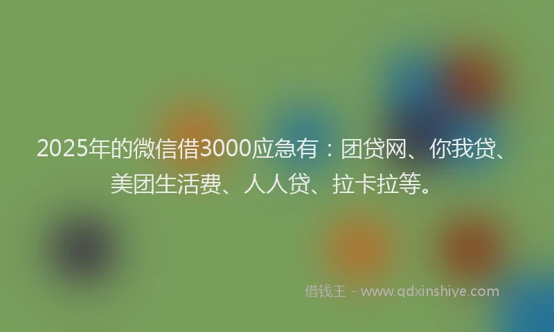 2025年的微信借3000应急有：团贷网、你我贷、美团生活费、人人贷、拉卡拉等。
